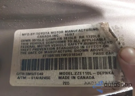 1998 Toyota Corolla Le z USA, uszkodzony, nr VIN 2T1BR18E1WC018347